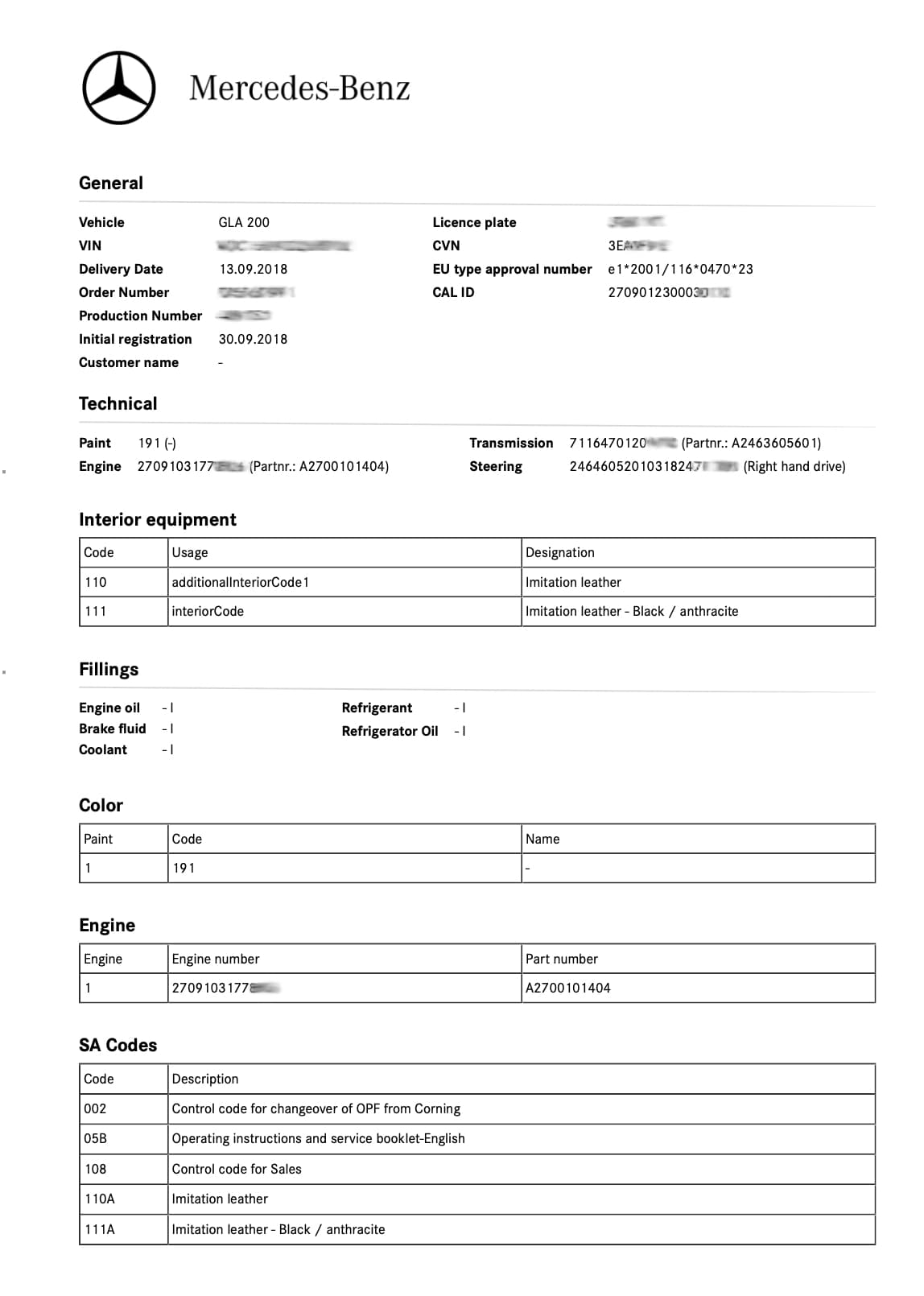 Mercedes Build Sheet / Specification